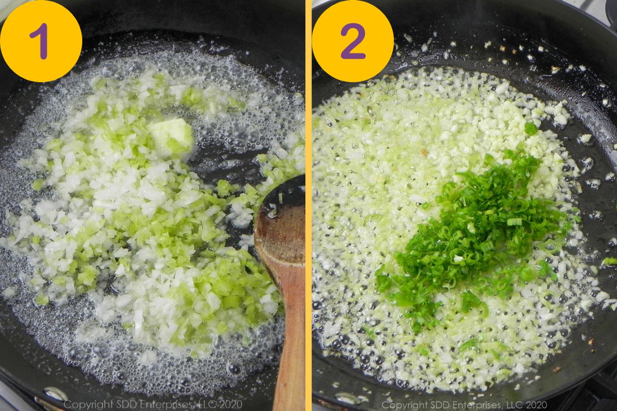 Initial steps to make a stuffing in a skillet.