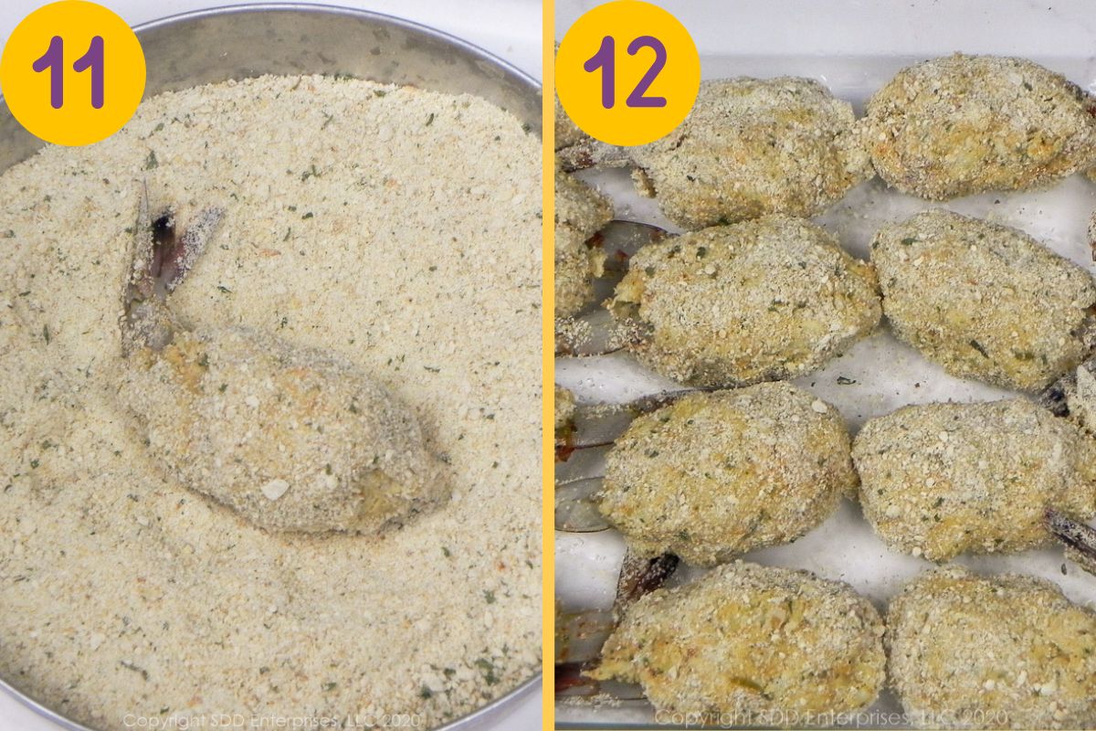 Coating stuffed shrimp with breadcrumbs.