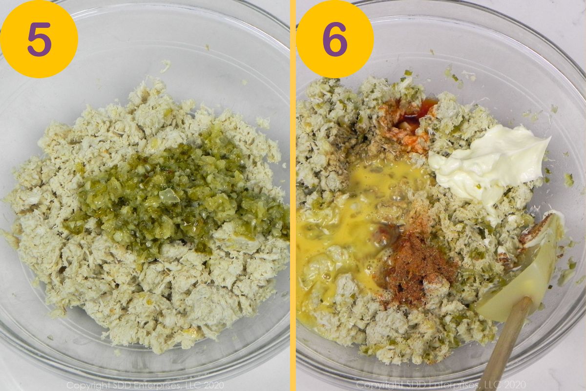 Steps to make crabmeat stuffing in a glass bowl. 