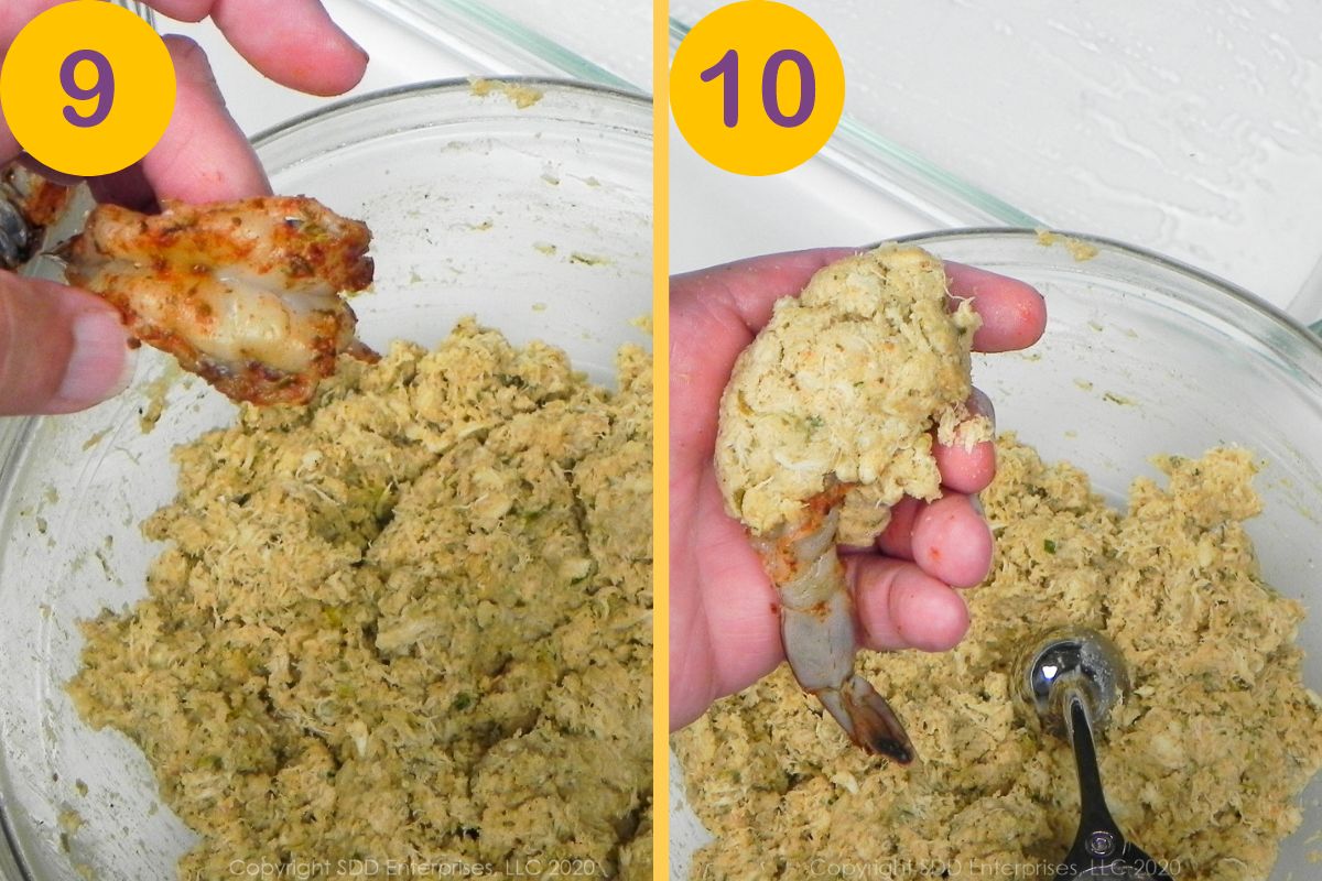 Applying crabmeat stuffing to a butterflied shrimp.