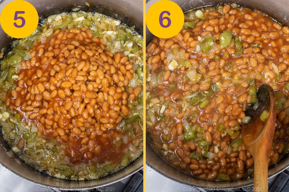 Pork and Beans added to fried vegetables in a Dutch oven.