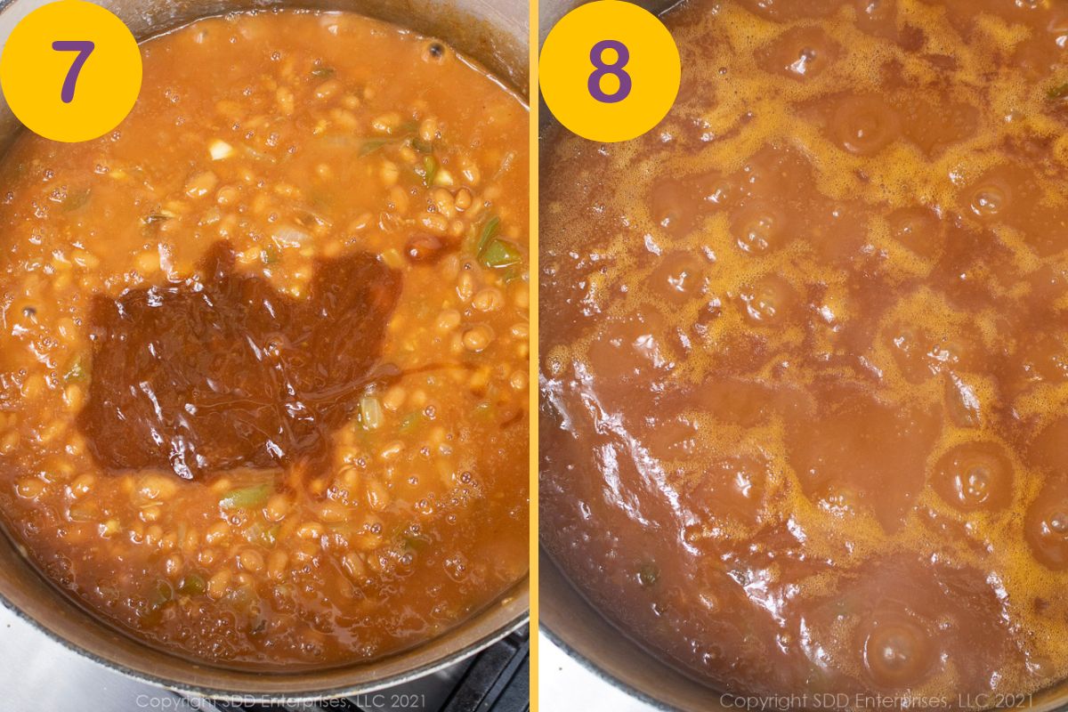 Sweet and tangy sauce added to simmering pork and beans in a Dutch oven.