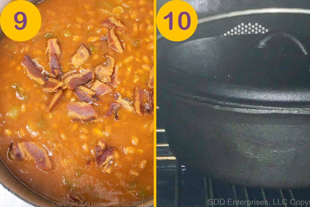 Readying pork and beans for the oven in a Dutch oven.