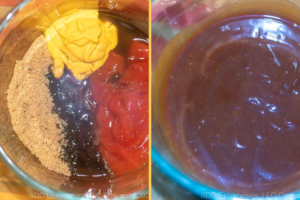 Combining the ingredients for a sweet and tangy sauce in a measuring cup for Bake Beans. 