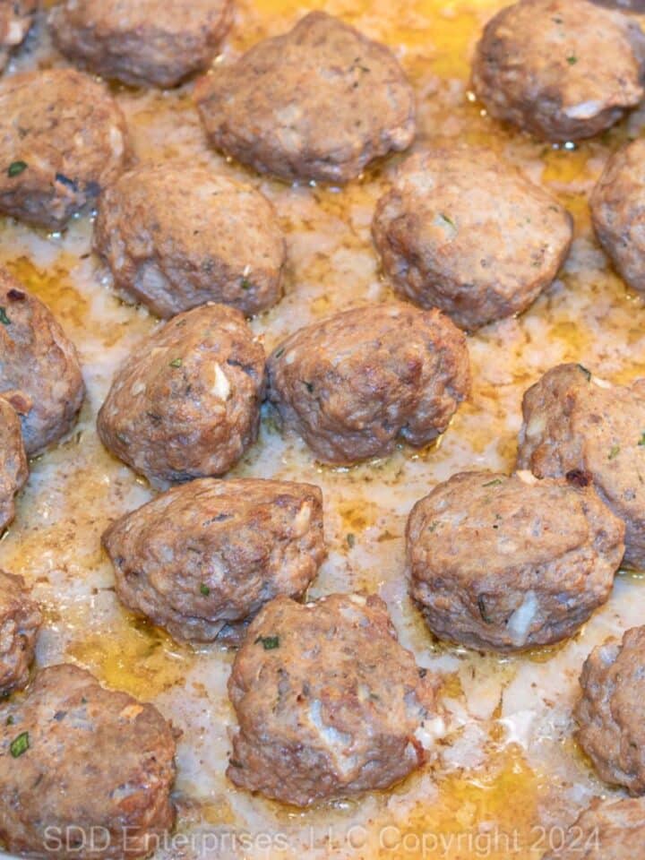 Cajun Meatballs on a baking sheet right out if the oven.