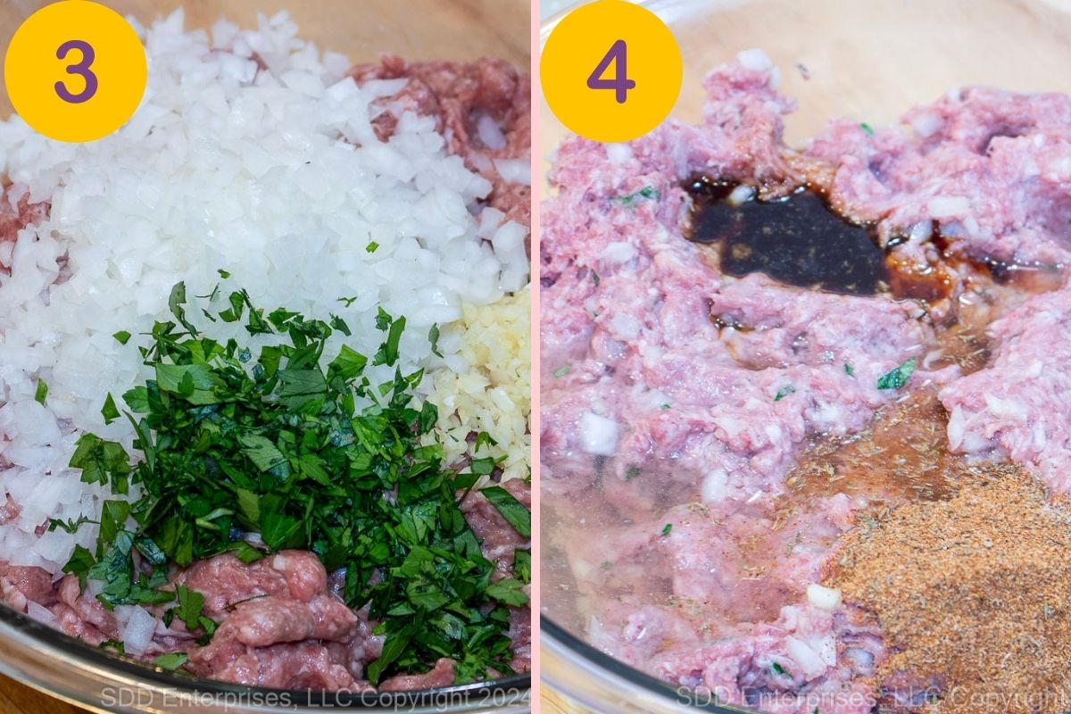 Seasonings and spices with ground meats in a glass bowl.