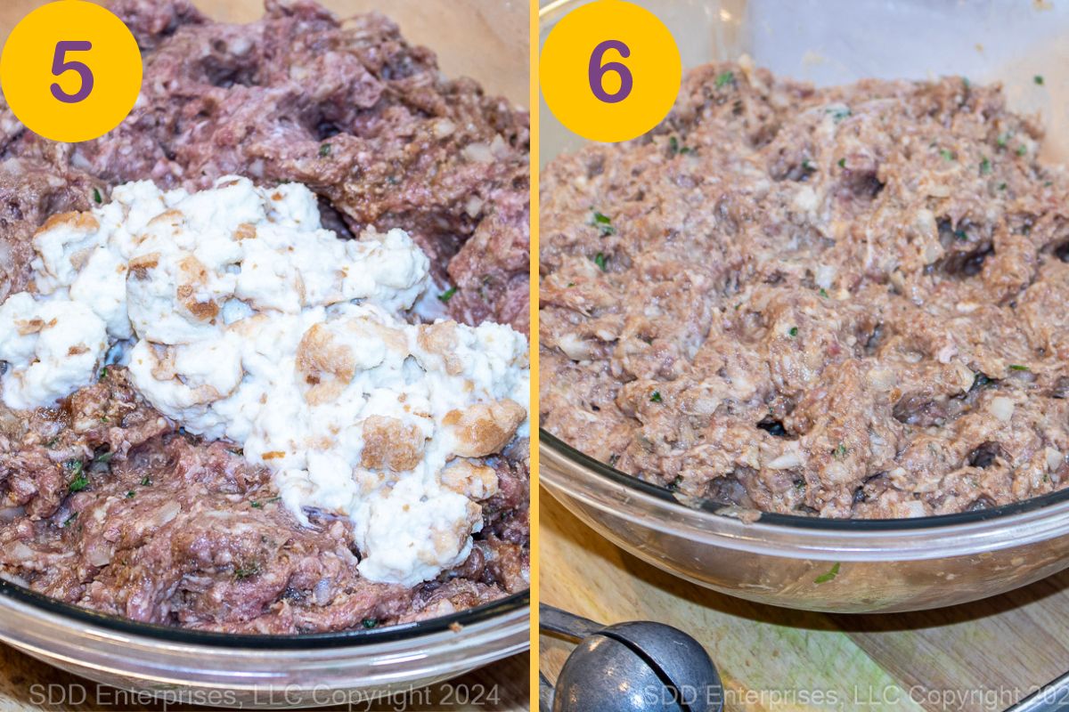Milk soaked bread mixed into seasoned ground meats in a glass bowl.