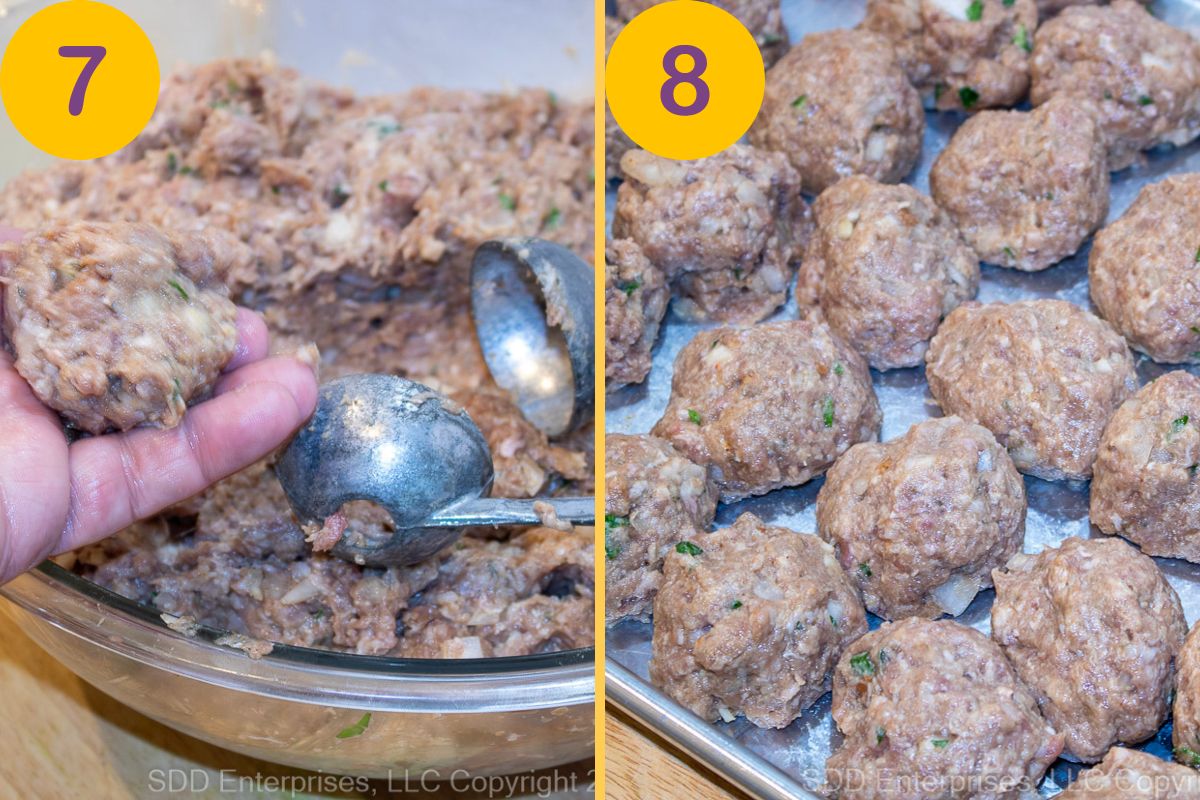 Rolling meatballs and placing them on a baking dish.