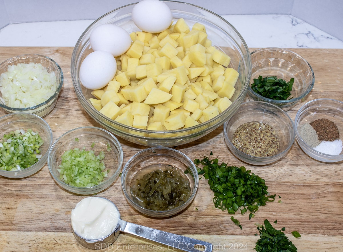 Prepared ingredients for Cajun Potato Salad.