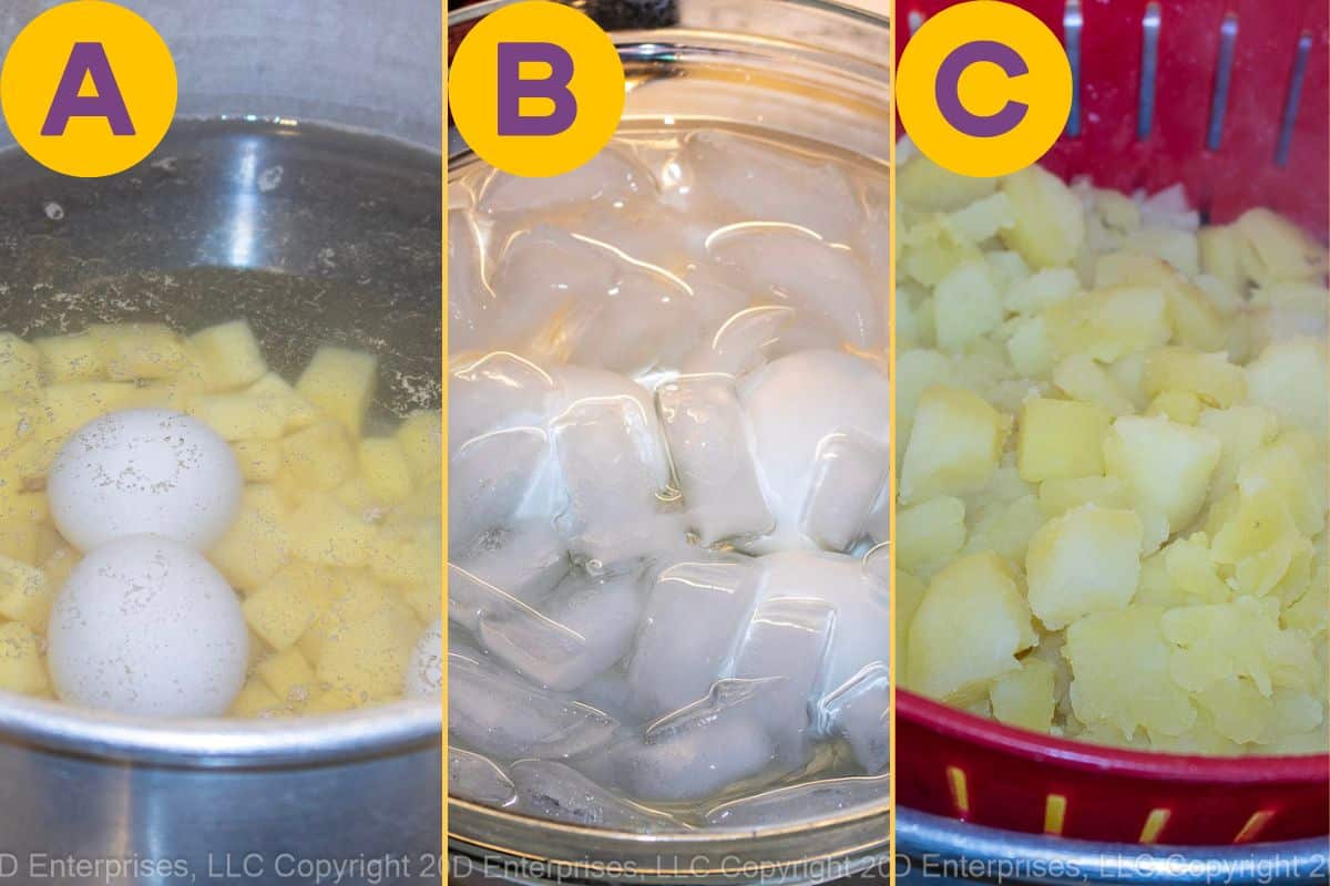 Boiling eggs and potatoes.