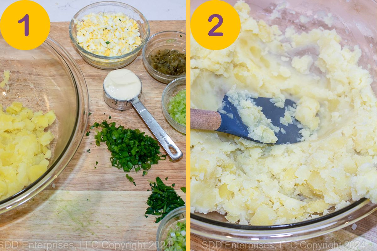 Steps to make potato salad in a glass bowl.