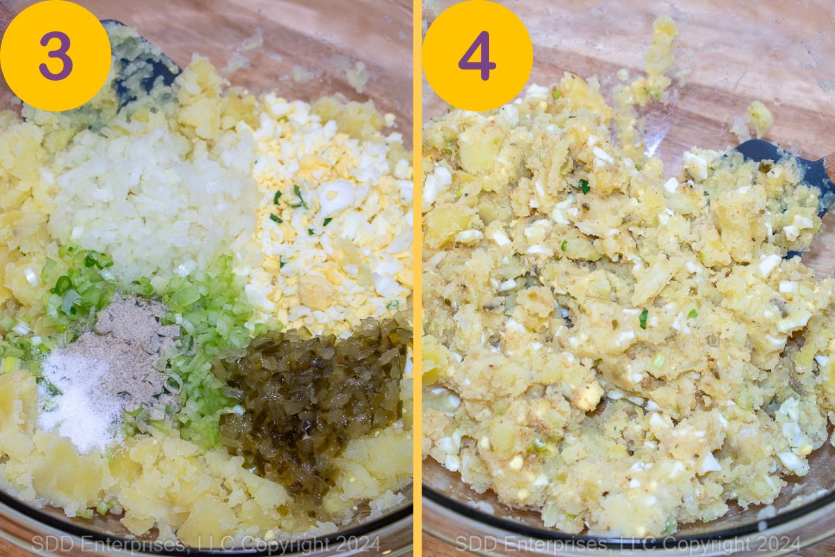 Ingredients being added to potato salad in a glass bowl.