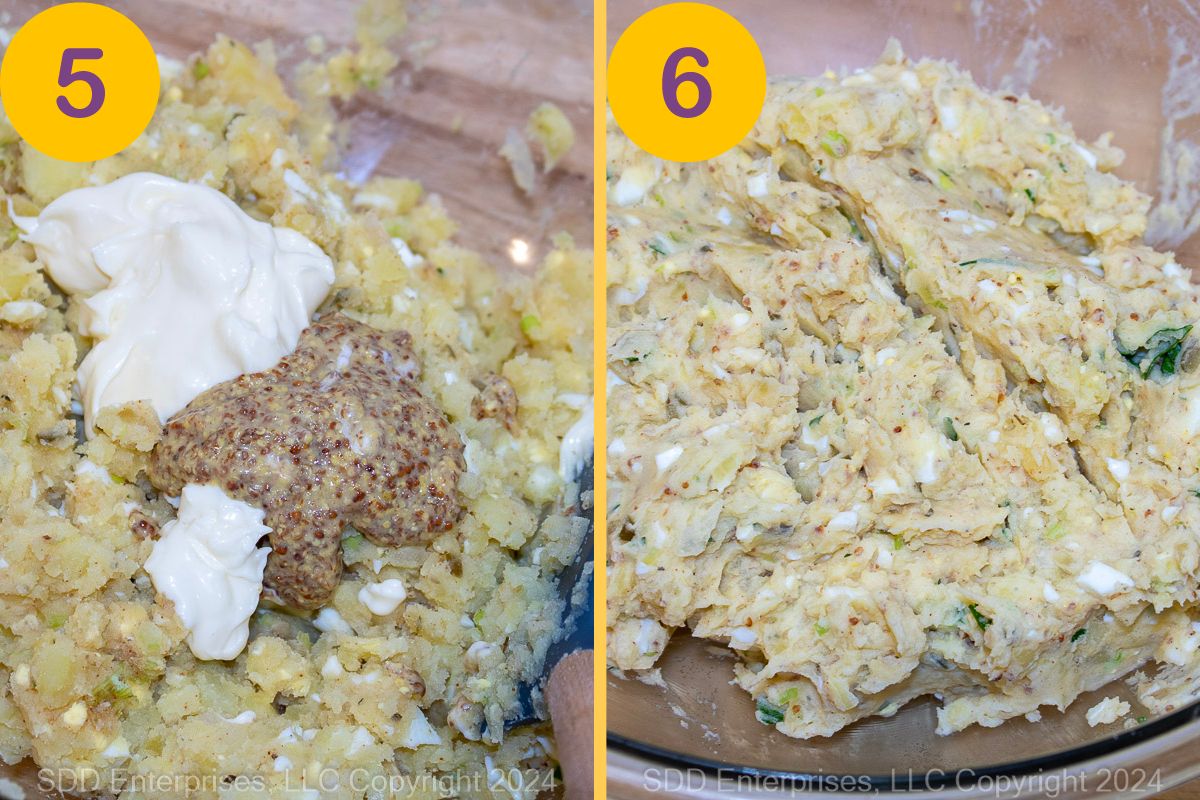 Ingredients being added to potato salad in a glass bowl.
