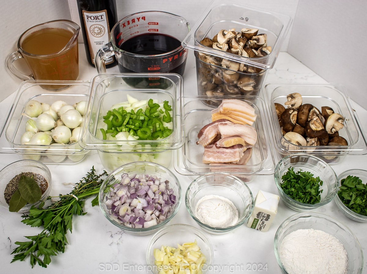 Prepared ingredients for Coq Au Vin.