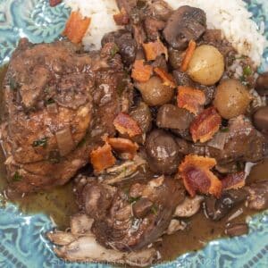 Coq Au Vin with rice on a blue green dish.