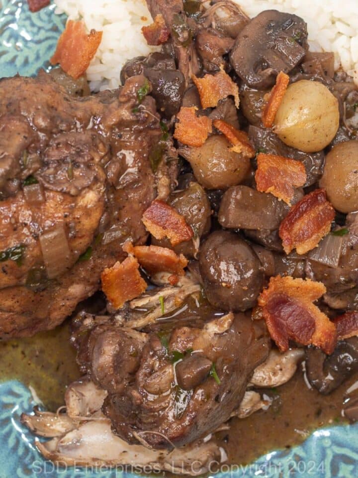 Coq Au Vin with rice on a blue green dish.