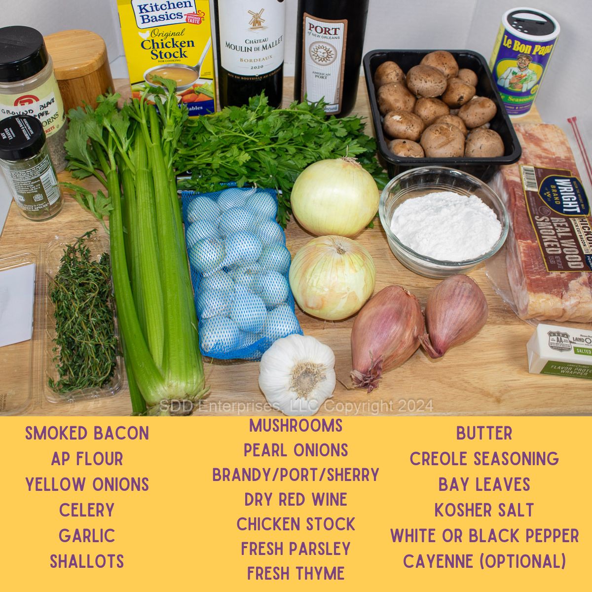 Ingredients for Coq Au Vin.