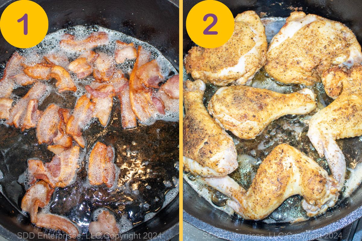 Frying bacon and browning chicken in a Dutch oven.