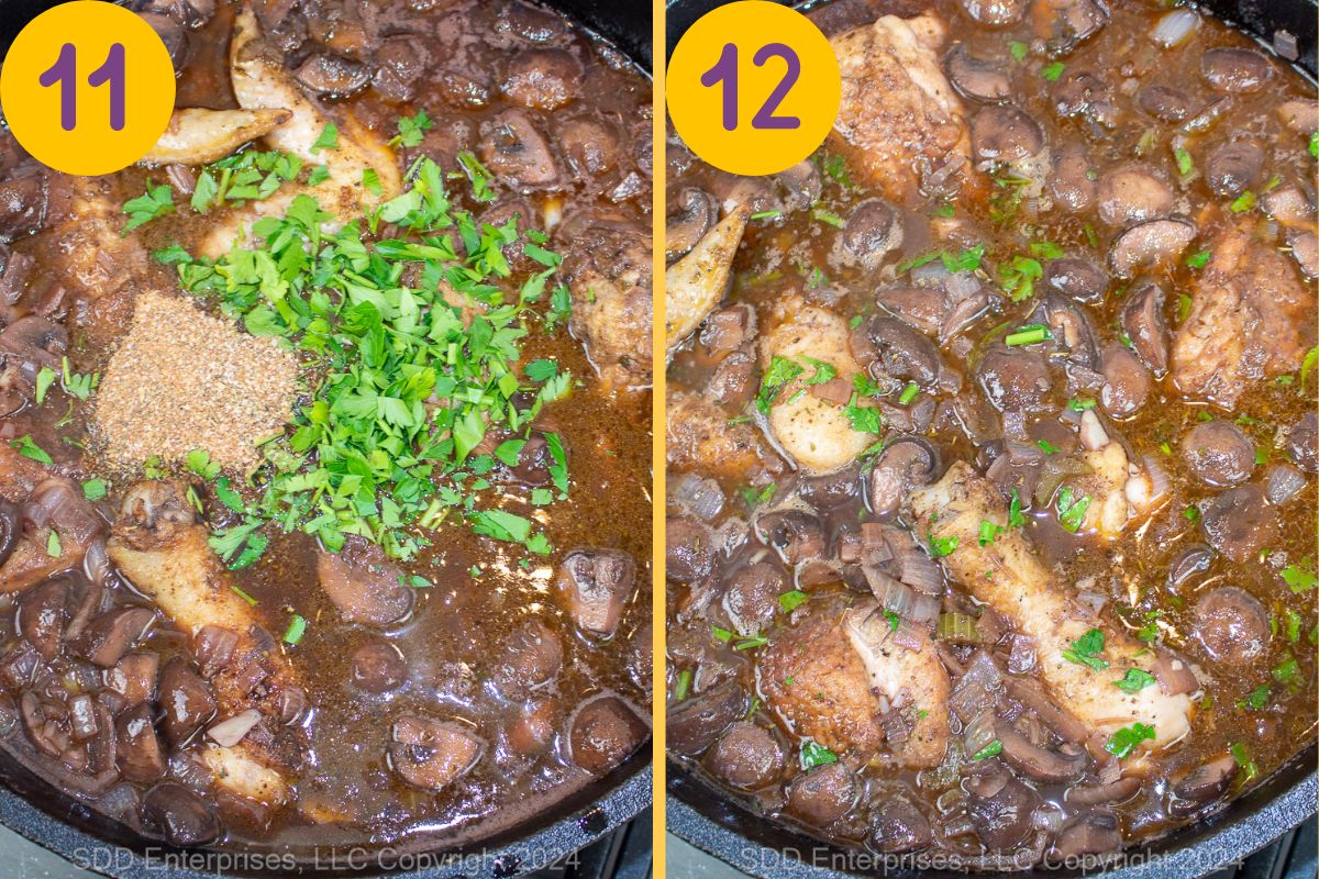 Adding seasonings to a gravy in a Dutch oven.