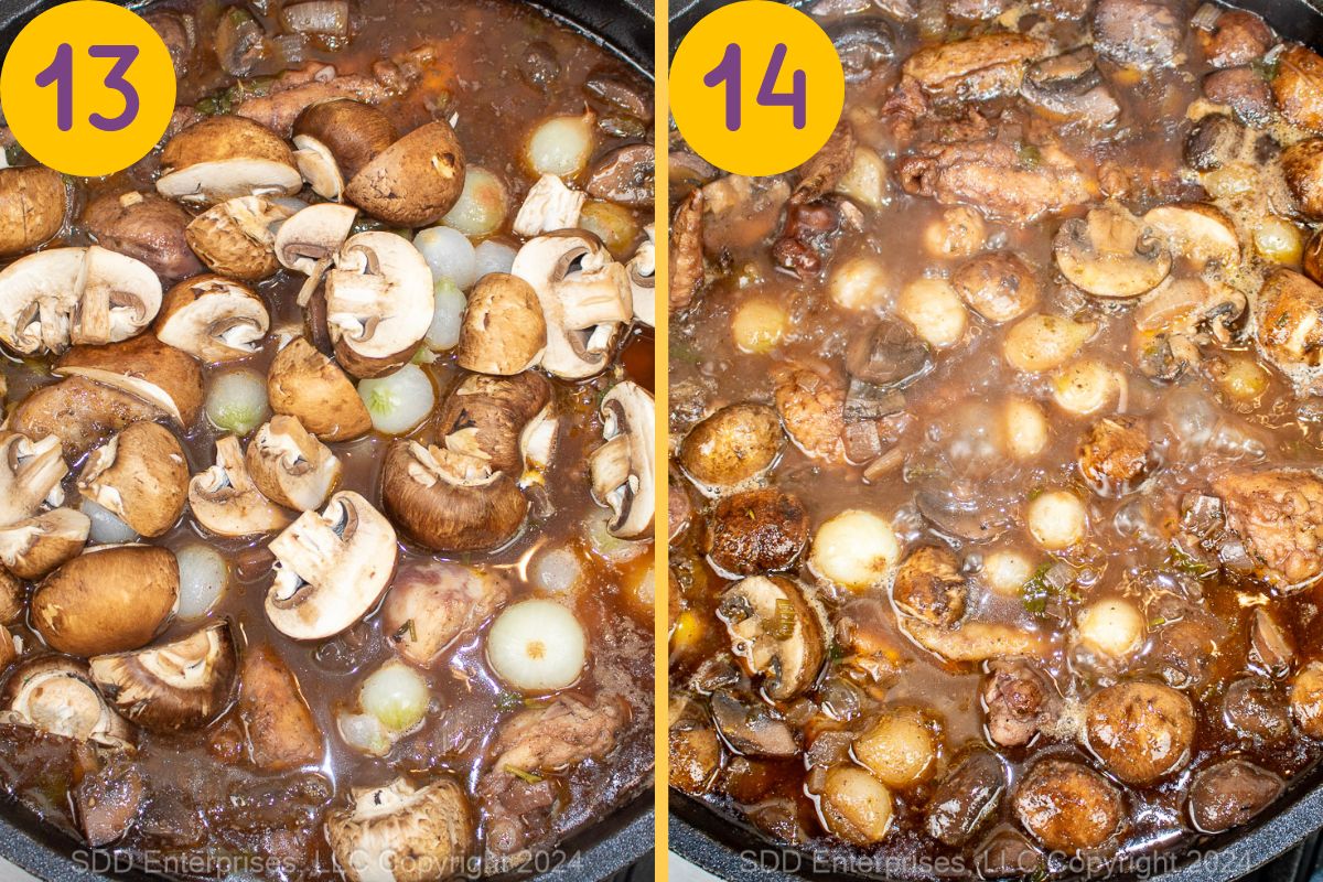 Adding mushrooms and onions to a gravy in a Dutch oven.