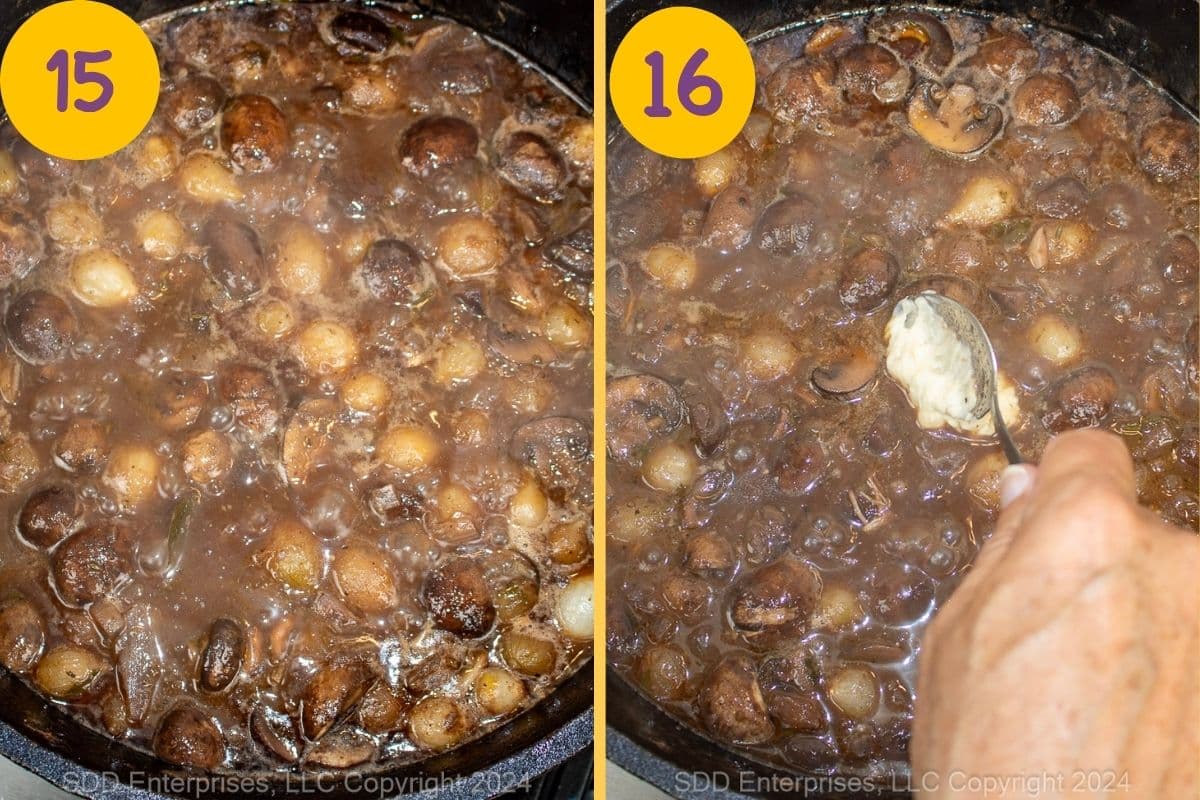 Finishing the sauce in a Dutch oven.
