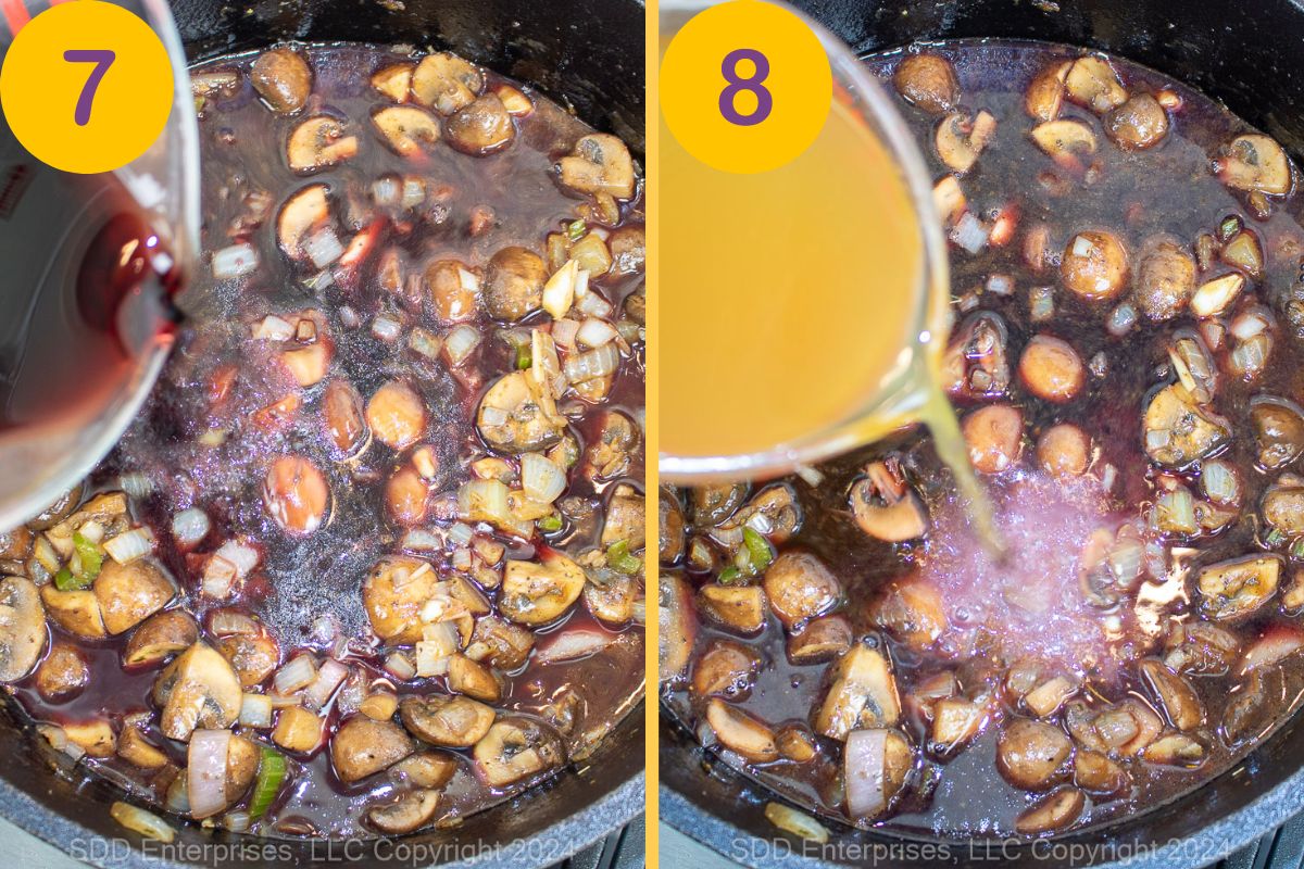Adding wine and stock to vegetables in a Dutch oven. 