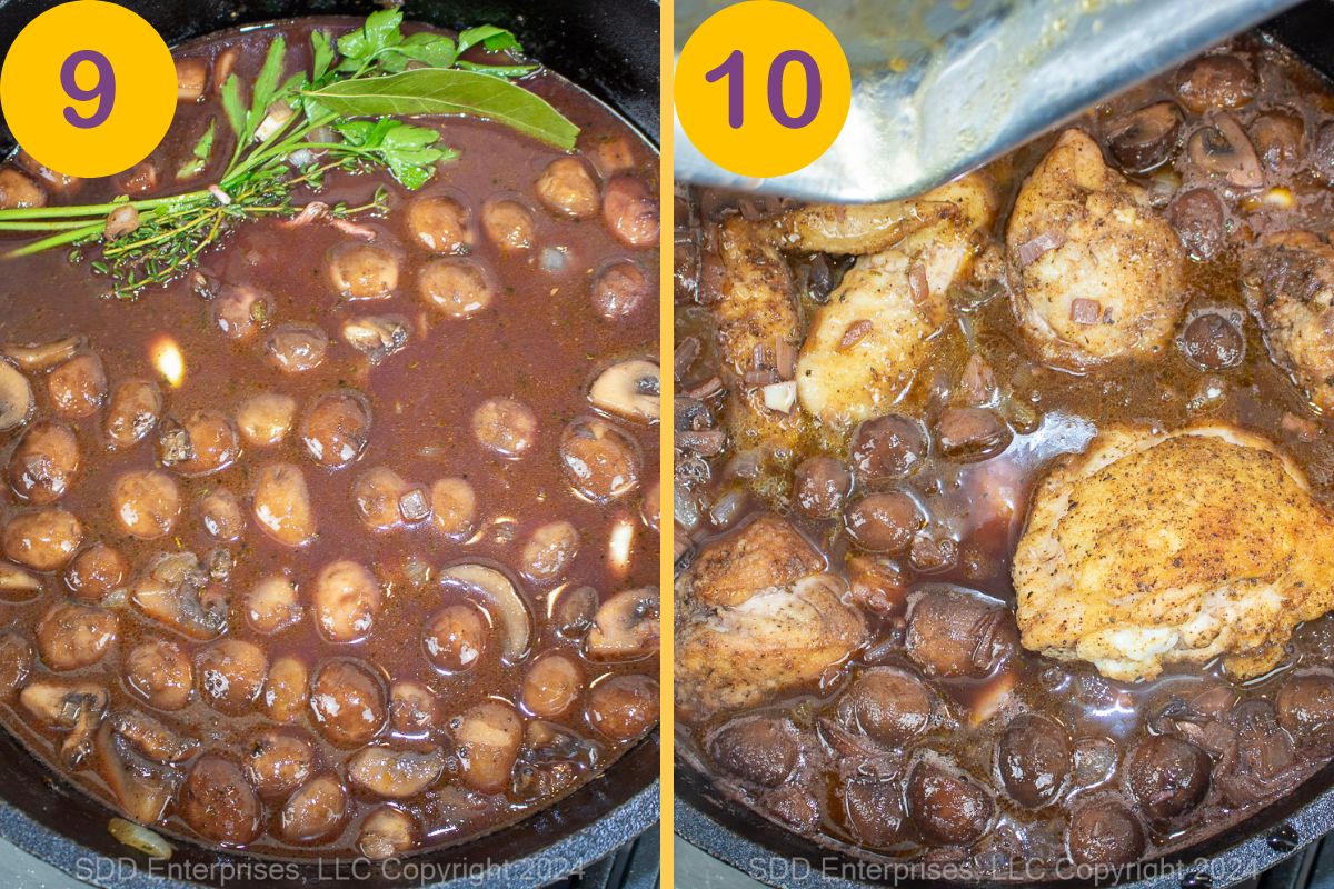Simmering sauce and chicken in a Dutch oven.