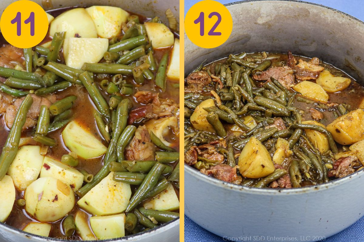 Potatoes added to green beans before simmering in a Dutch oven.