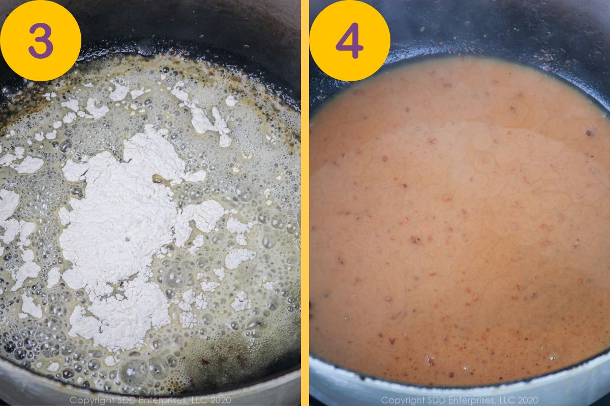 Steps to make a roux in a Dutch oven.