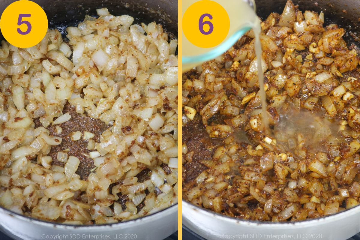 Browning onions in a roux in a Dutch oven.