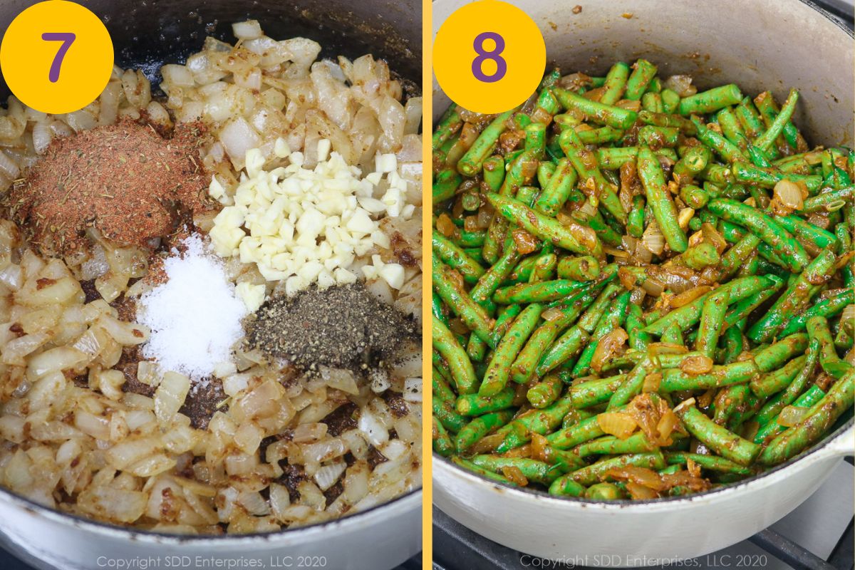 Adding aromatics to cooked onions before adding green beans to a Dutch oven.