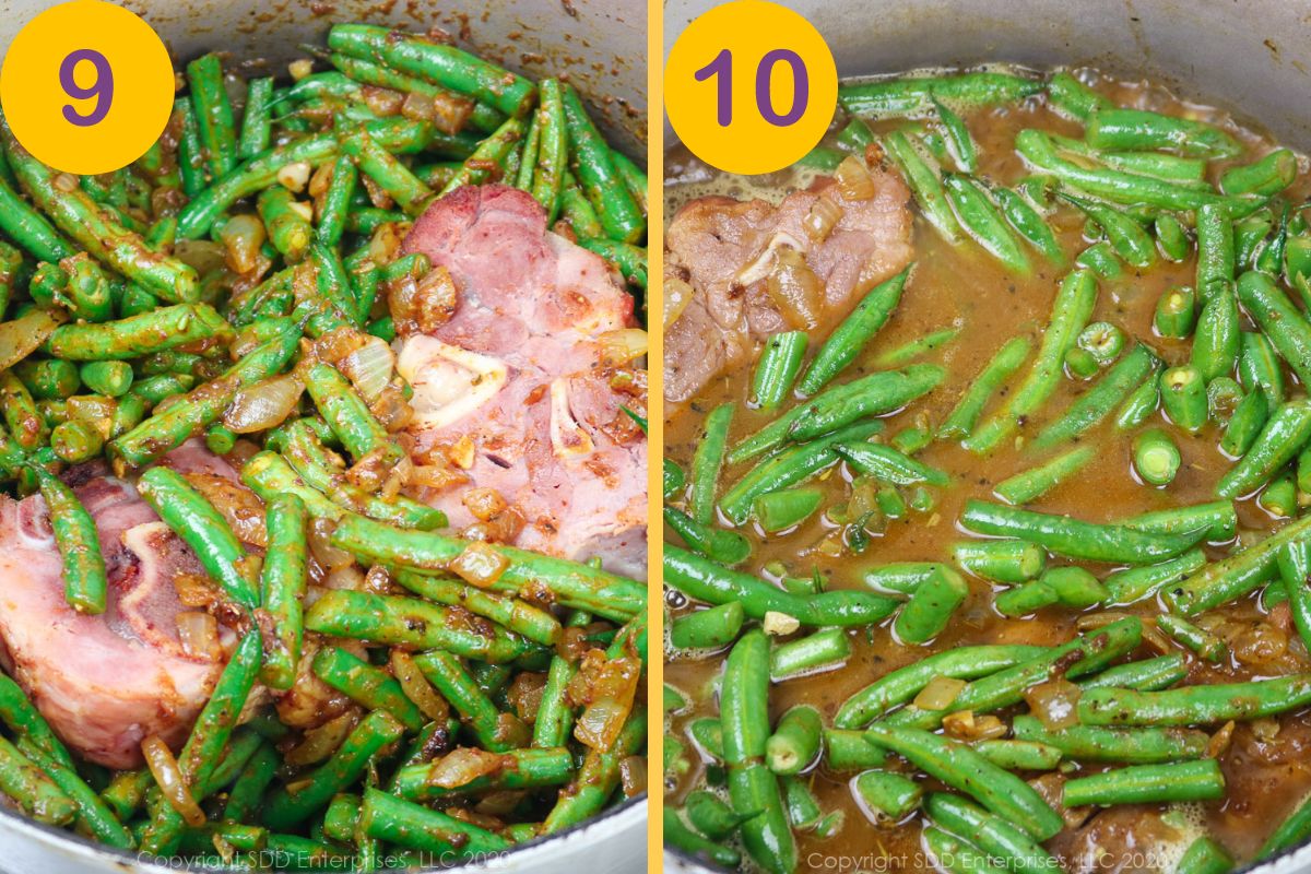 Seasoning meat added to green beans before stock is added in a Dutch oven.