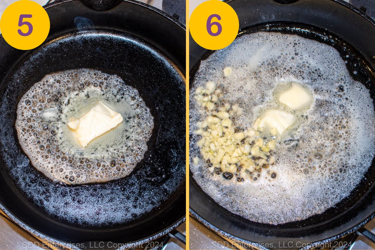 Melting butter in garlic in a cast iron skillet.