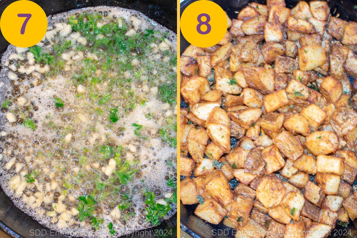Seasoned garlic butter in a cast iron skillet with fried potatoes added.