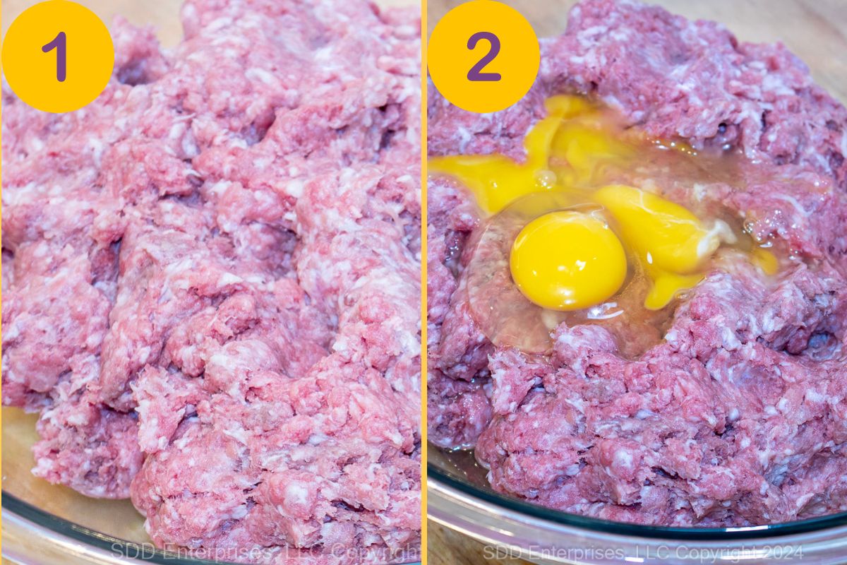 Ground meats and eggs in a glass bowl.