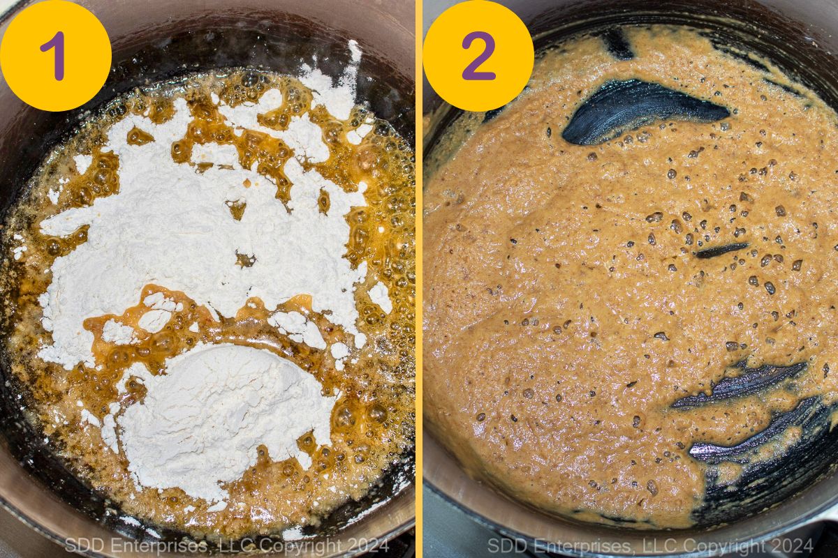 Making a roux for brown gravy in a cast iron skillet.