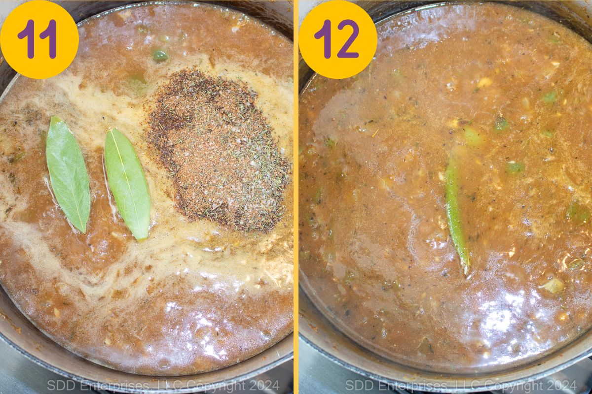 Seasonings added to a simmering gravy in a Dutch oven.