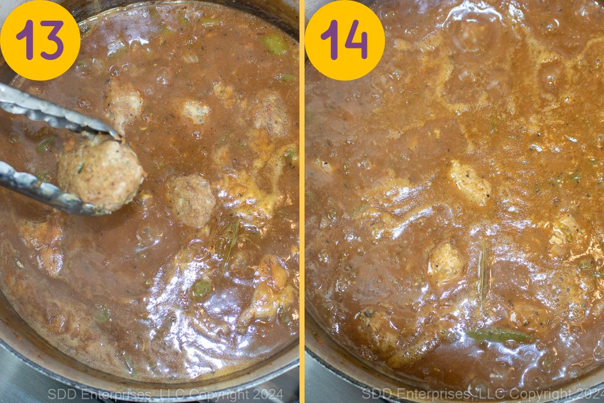Cajun meatballs being added to a simmering gravy in a Dutch oven.