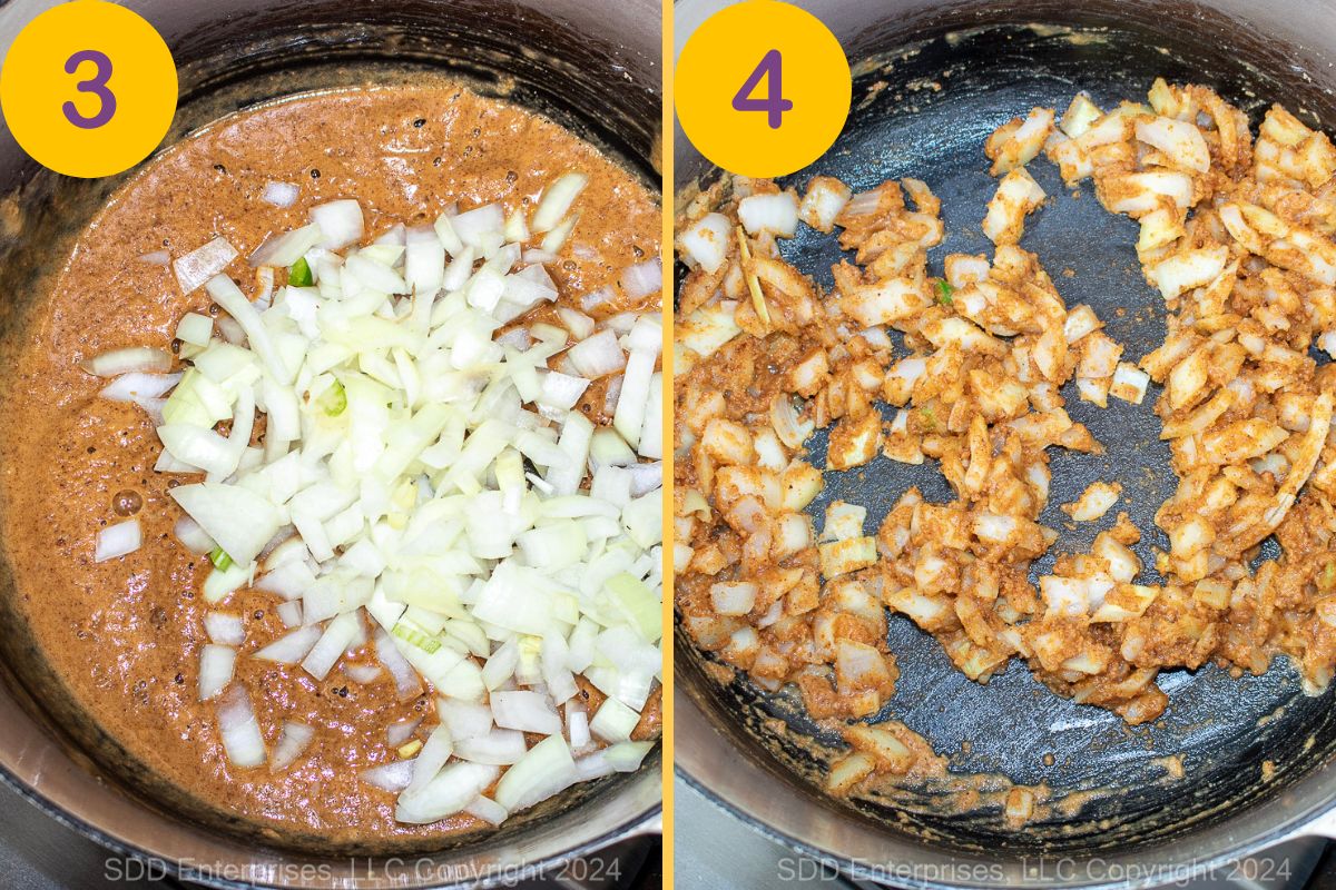 Cooking yellow onions in a roux in a cast iron skillet.
