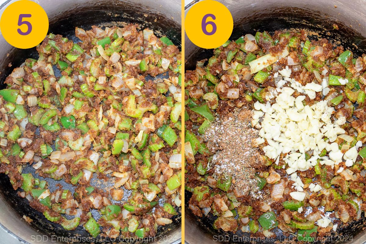 Bell peppers and celery added to onions in a roux in a cast iron skillet.