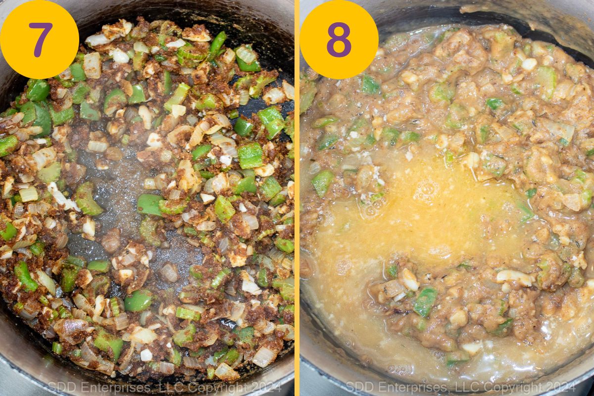 Seasonings and wine added to a veggie-roux mixture in a cast iron skillet.