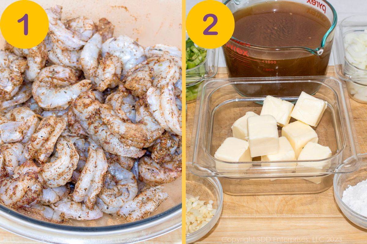 Steps for Mise en Place for Shrimp Etouffee.