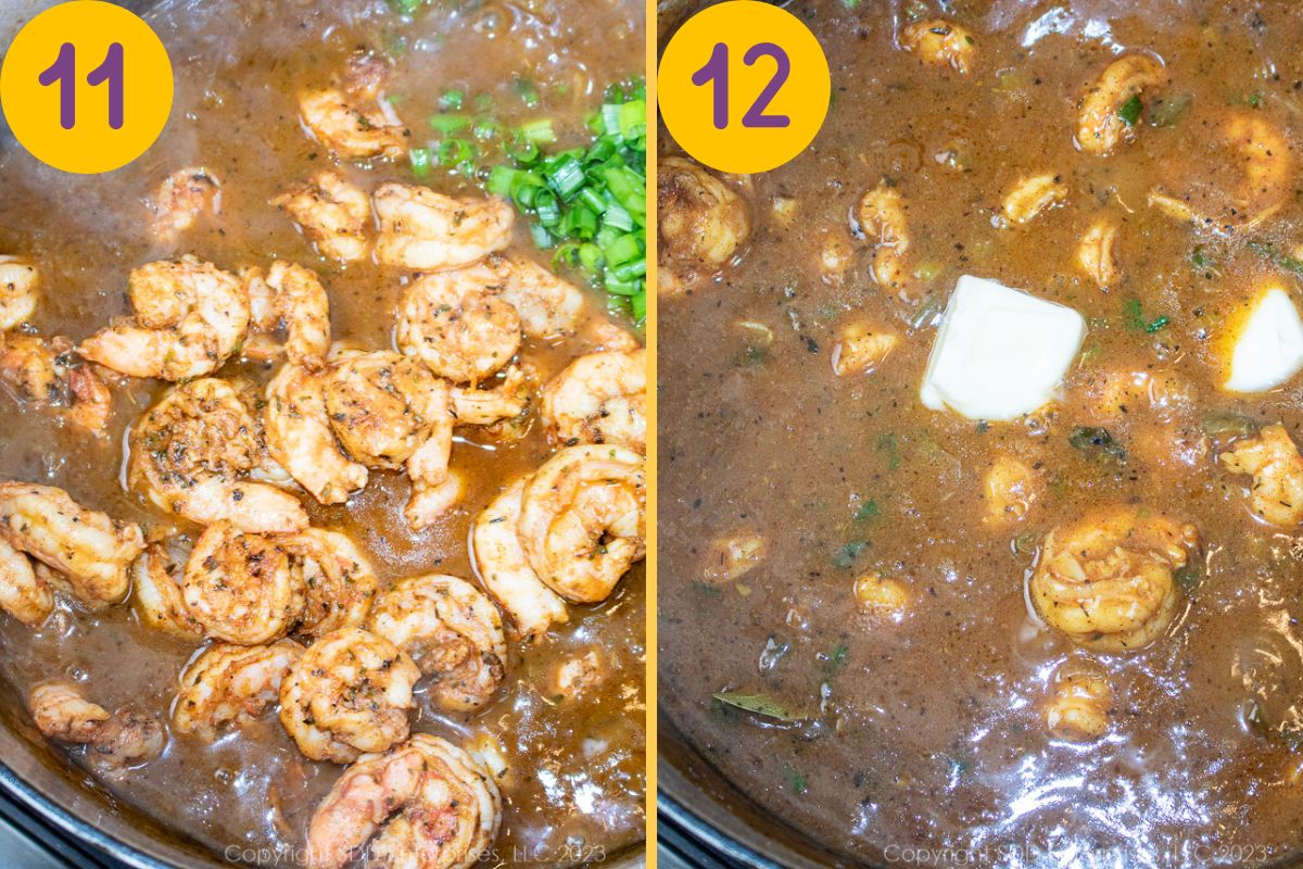 Shrimp added to the gravy before being finished with butter.