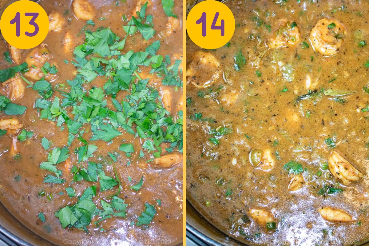 Final garnishing of Shrimp Etouffee in a Dutch oven.