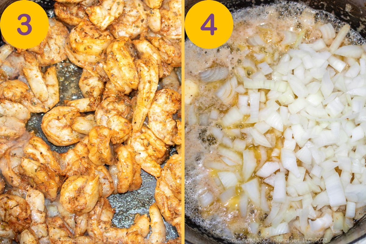 Sautéing shrimp and onions in a Dutch oven.