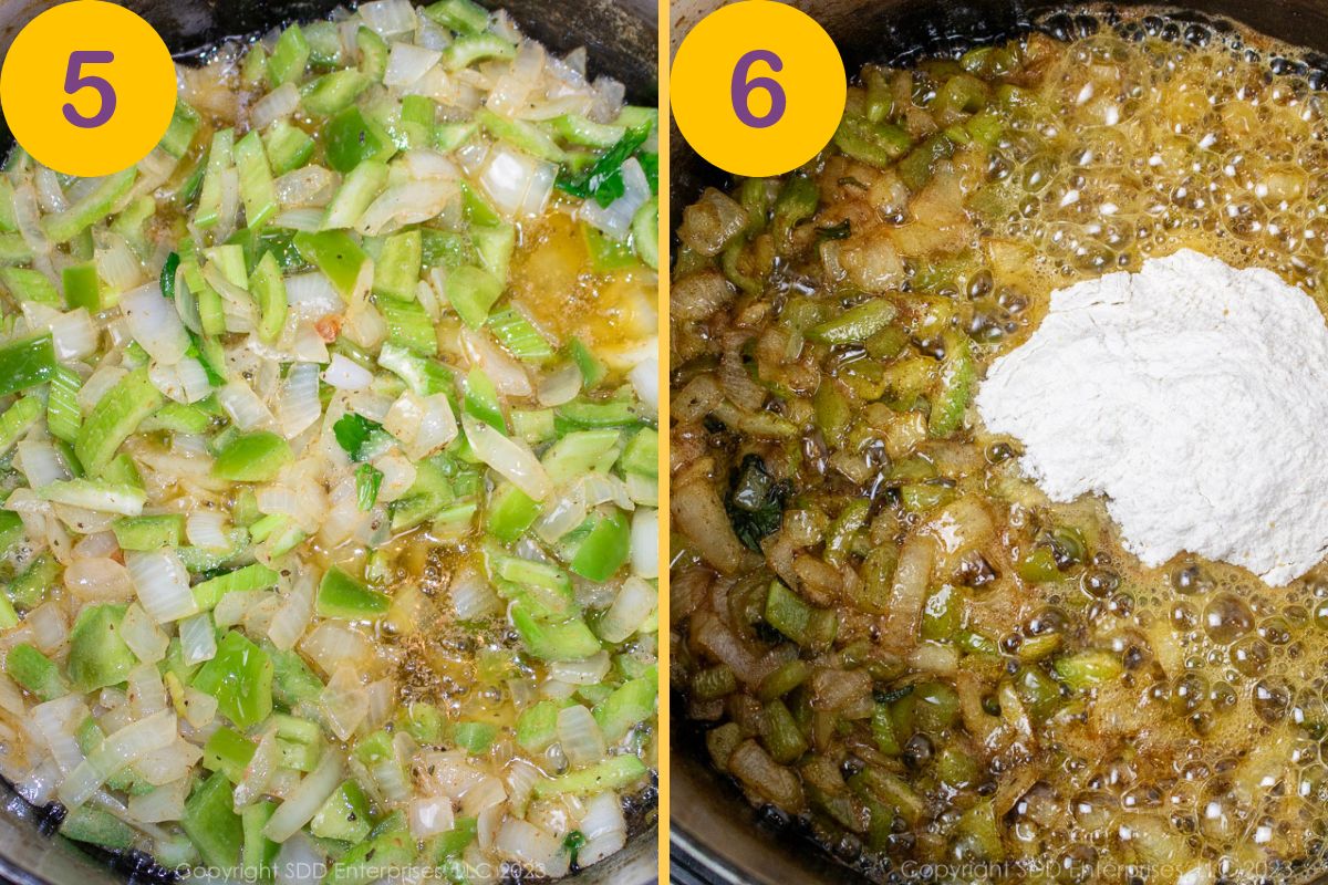 Vegetables sautéing in butter with onions and AP flour added in a Dutch oven.
