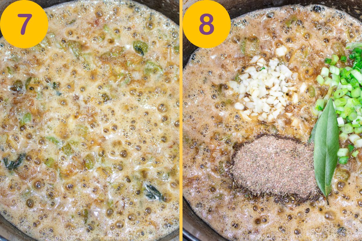 Simmering a roux with added seasonings in a Dutch oven.