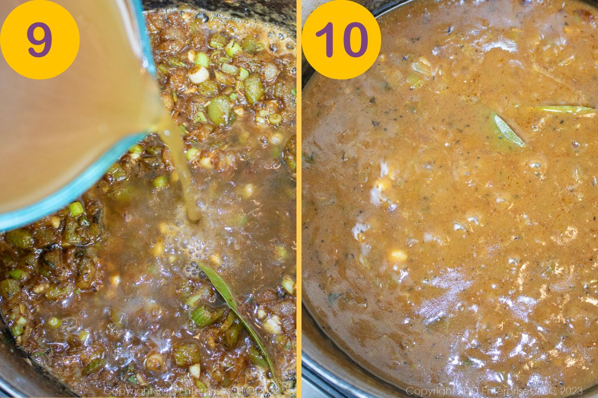 Stock being added to roux then simmering in a Dutch oven.