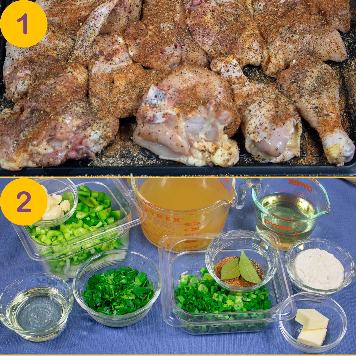 Seasoned chicken and prepared ingredients for Smothered Chicken.