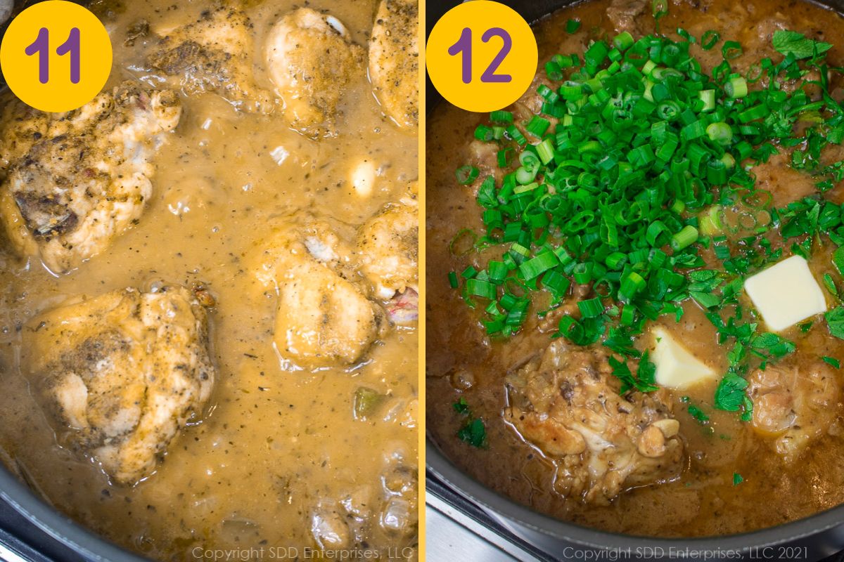 Chicken and onions being smothered in a Dutch oven.
